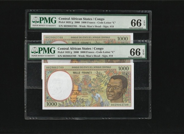 2 Adet Congo Central African States 1000 Francs Frank Seri Takipli P 102cg Pmg 66 Epq Gem Unc Çil
