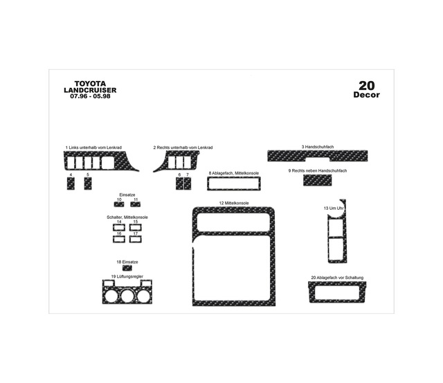 Toyota Land Cruiser Torpido Kaplama 1996-1998 20 Parça Karbon