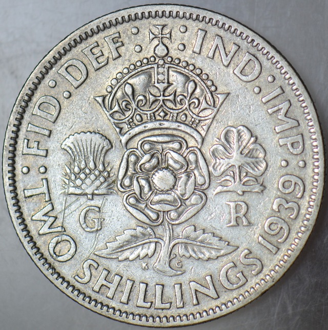 Birleşik Krallık 2 Şilin 1939 Gümüş. Kral 6. George - İkinci Dünya Savaşı Dönemi. 11,2 Gr.