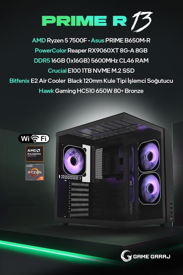 Game Garaj PRIME-R13 Ryzen 5 7500F RX 9060 XT 16GB RAM 1TB SSD