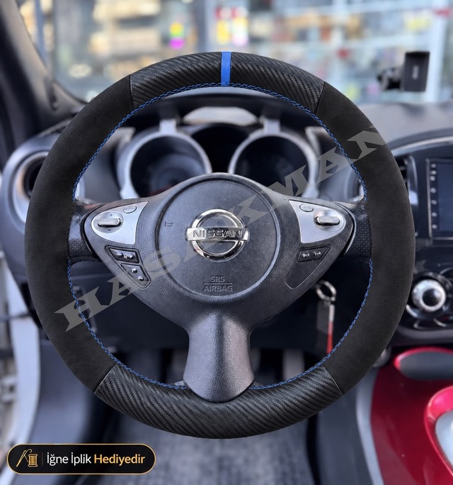 Nissan Juke Dikme Direksiyon Kılıfı Alcantara Süet Mat Karbon Mavi Yüzük Ve Dikiş Tekna-platinum-çift Tarafı Tuşlu 2014-2019