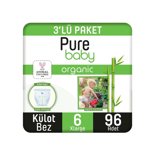 Pure Baby Organik Bambu Özlü Külot Bez 3'lü Paket 6 Numara Xlarge 96 Adet 3'lü