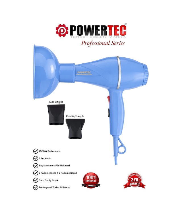 Powertec TR-501+Renkli Hacimlendirici Difüzör Başlıklı Profesyonel Saç Kurutma ve Fön Makinesi