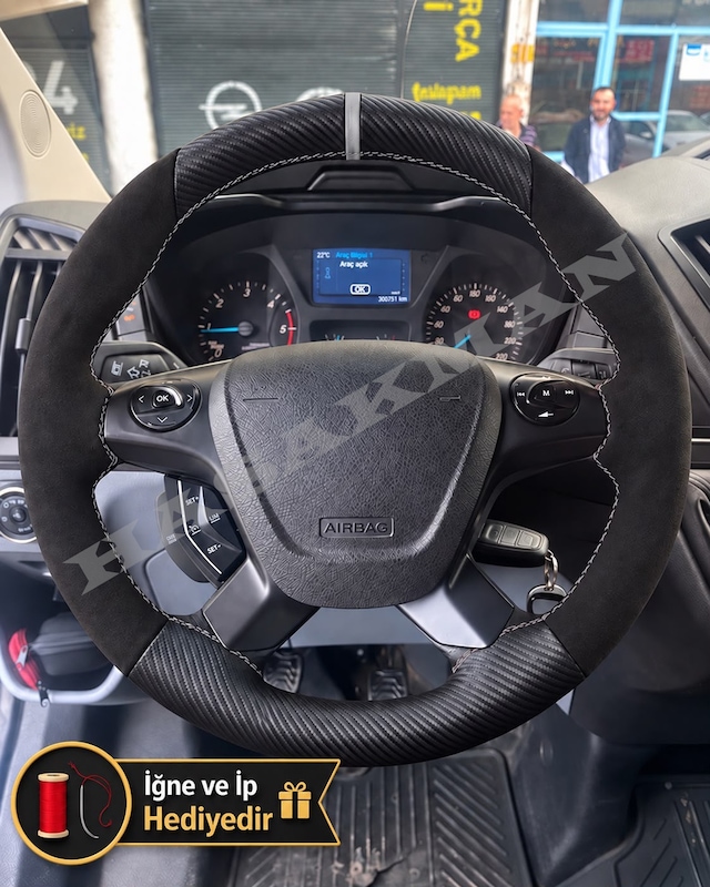 Ford Transit Dikme Direksiyon Kılıfı Alcantara Süet Mat Karbon Gri Yüzük Ve Dikiş 2014+