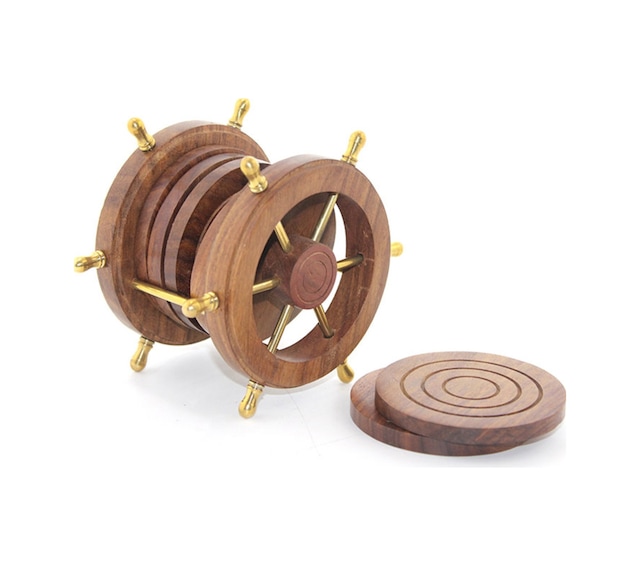 1 Adet Ahşap Bardak Altı Pirinç Dümenli Dekoratif Coaster, Mug Mat, 14 Cm Doğal Ahşap Masa Koruyucu
