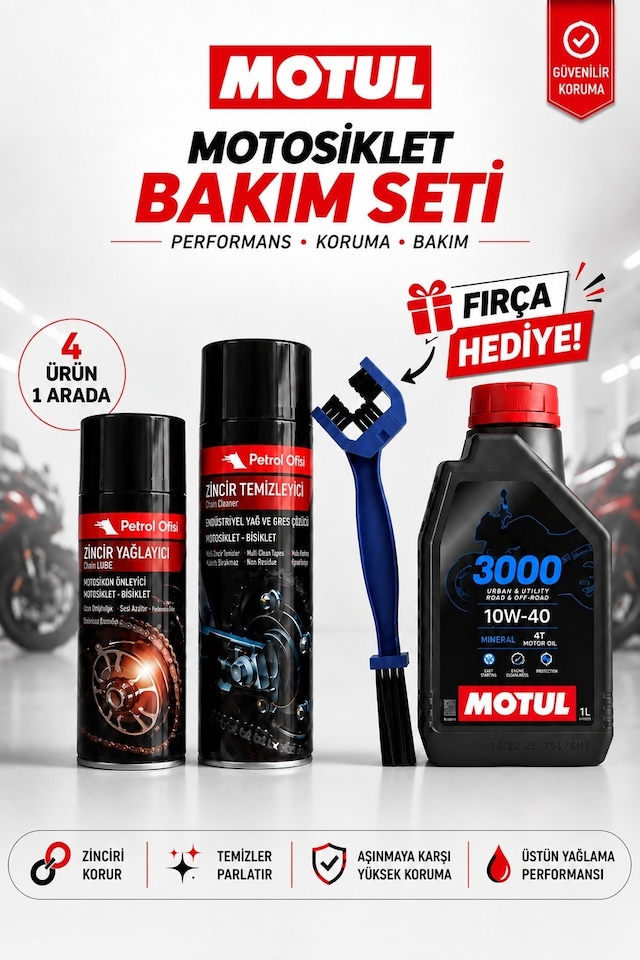 Motul 3000 10w-40 4t 1l Mineral Motosiklet Yağı Ve Zincir Bakım Seti 4'lü