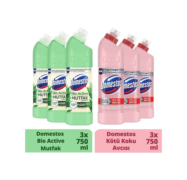 Domestos Beyaz Sabun Ferahlığı Çamaşır Suyu 3 x 750 ML + Domestos Mutfak Bio Active Çamaşır Suyu 3 x 750 ML