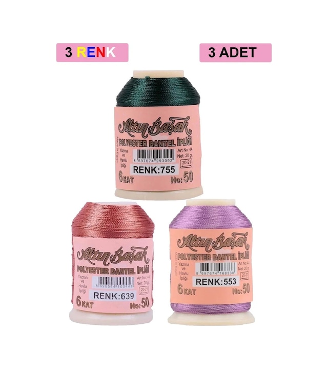 Ers 3 Adet Altınbaşak Oya Ve Dantel İpi 20 Gr - Royaleks - No: 639 - 553 - 755