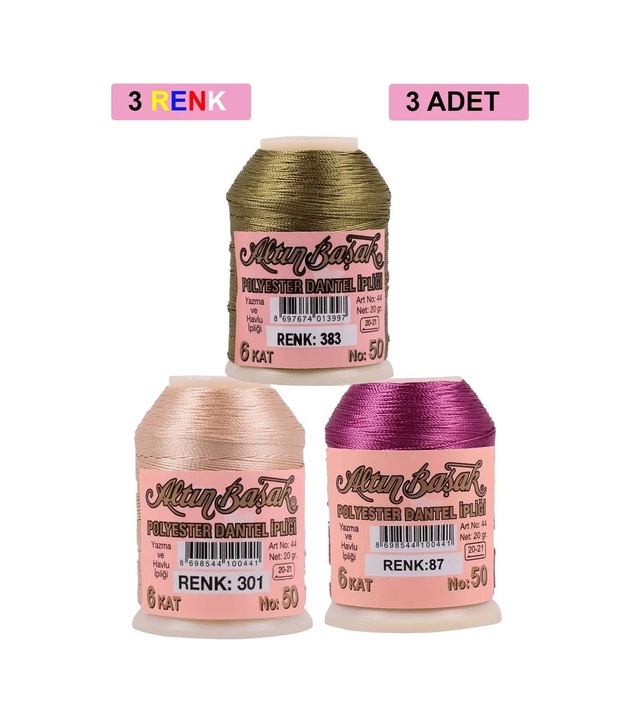 Ers 3 Adet Altınbaşak Oya Ve Dantel İpi 20 Gr - Royaleks - No: 301 - 087 - 383