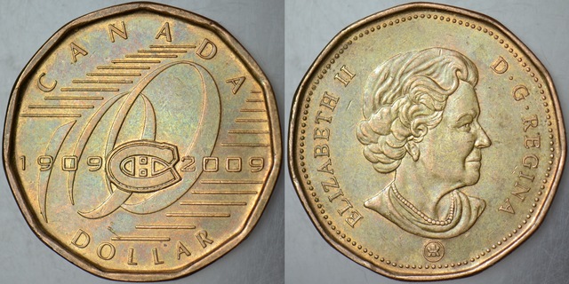 Kanada 1 Dolar 2009 Hatıra-buz Hokeyi Montreal Canadıans Takımı 100. Yıl. Kraliçe Elizabeth 26,5 Mm.