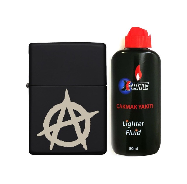 Atomic Benzinli Çakmak Benzin Seti Siyah Anarchy Symbol