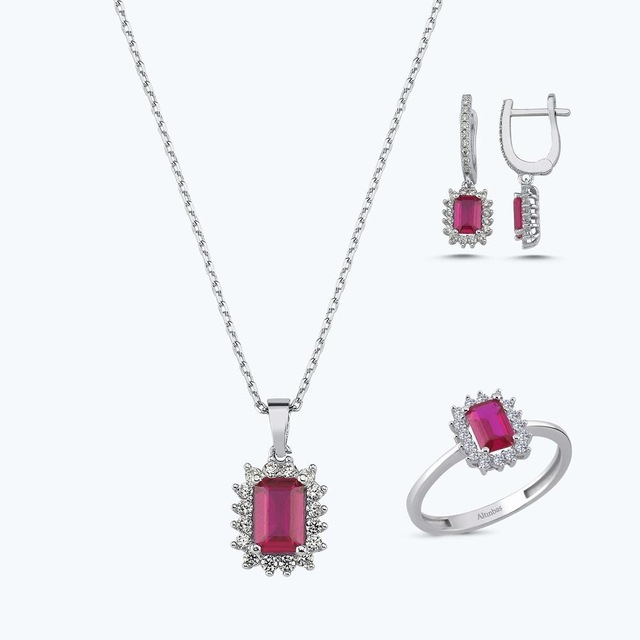 Altınbaş Kırmızı Taşlı Altın Üçlü Baget Set Autk0015-b-24627-k-set