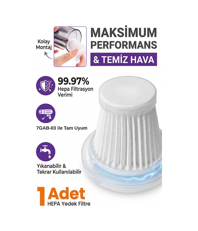 7go & 7GAB-03 Uyumlu Yedek Hepa Filtre Araç İçi Süpürge Filtre Seti Yıkanabilir, Yüksek F Beyaz