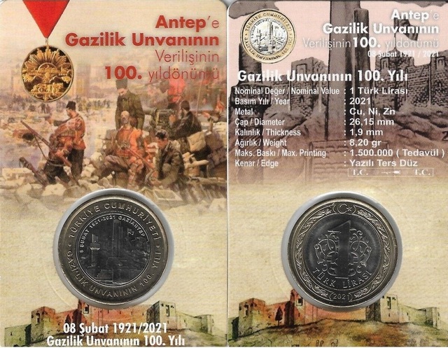 Gaziantep E Gazilik Ünvanı Nın Verilişi Nin 100. Yıl Dönümü 2021 Yılı 1 Lira Hatıra Para Ve Kiti
