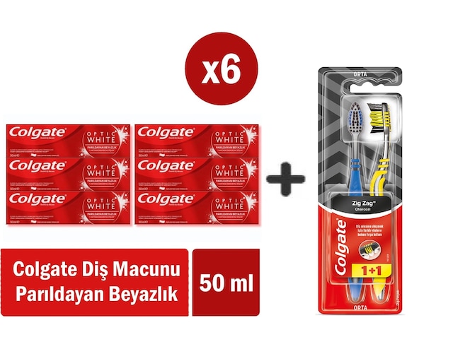 Colgate Optic White Parıldayan Beyazlık 50 Ml X 6 Adet + Zig Zag Charcoal 1+1 Orta Sert Diş Fırçası Beyazlık