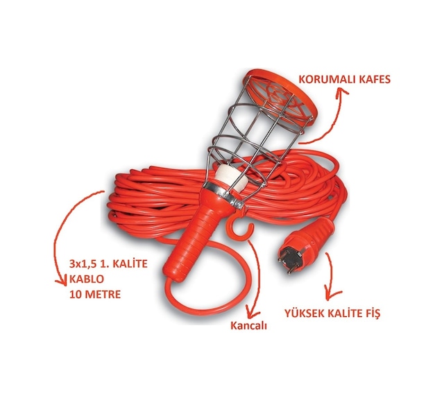 10 Metre Kablolu Taşınabilir Baladoz Seyyar Duy - 220V 10 Metre