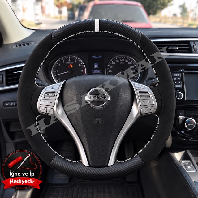 Nissan Qashqai Dikme Direksiyon Kılıfı Alcantara Süet Mat Karbon Beyaz Yüzük Ve Dikiş 2013-2017