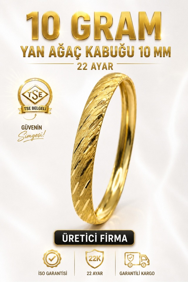 22 Ayar Tse Belgeli 10 Gram Yan Desen Işıltılı Şarnel Altın Bilezik 10 Mm Gold Bilezik Düğün Nişan