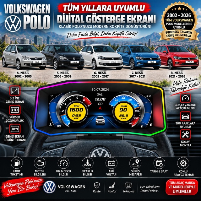 Volkswagen Polo 2002-2026 Model Uyumlu Harici Digital Gösterge Odb Ekran Arıza Göstergesi Turbo Gösterge Hayalet Ekran