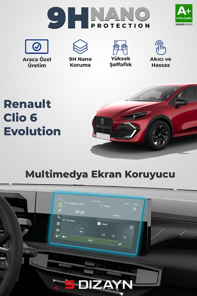 S-dizayn Renault Clio 6 Evolution 9h Multimedya Ekran Koruyucu Parlak 2026 Üzeri A+ Kalite