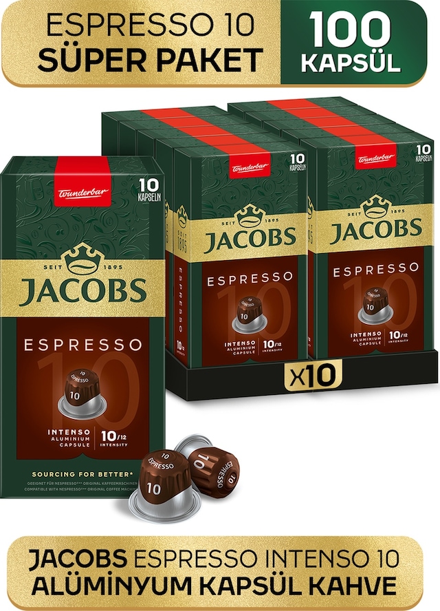 Jacobs Espresso 10 Intenso Nespresso Uyumlu Alüminyum Kapsül Kahve 10 x 10'lu