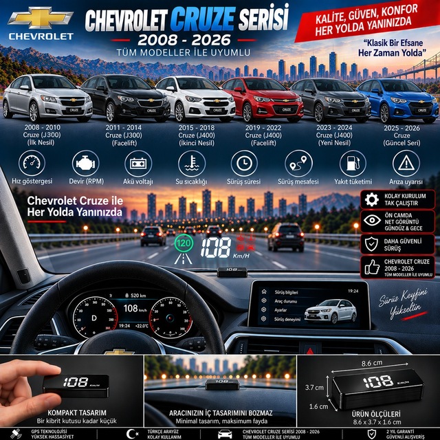 Chevrolet Cruize Serisi 2003-2026 Modeller İçin Head Up Display Hayalet Gösterge Ekranı Ön Cam Hız Göstergesi