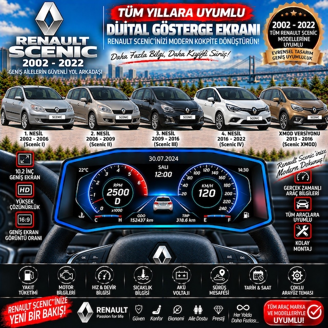 Renault Scenic 2002-2022 Uyumlu Digital Gösterge Odb Ekran Arıza Göstergesi Turbo Gösterge Hayalet Ekran