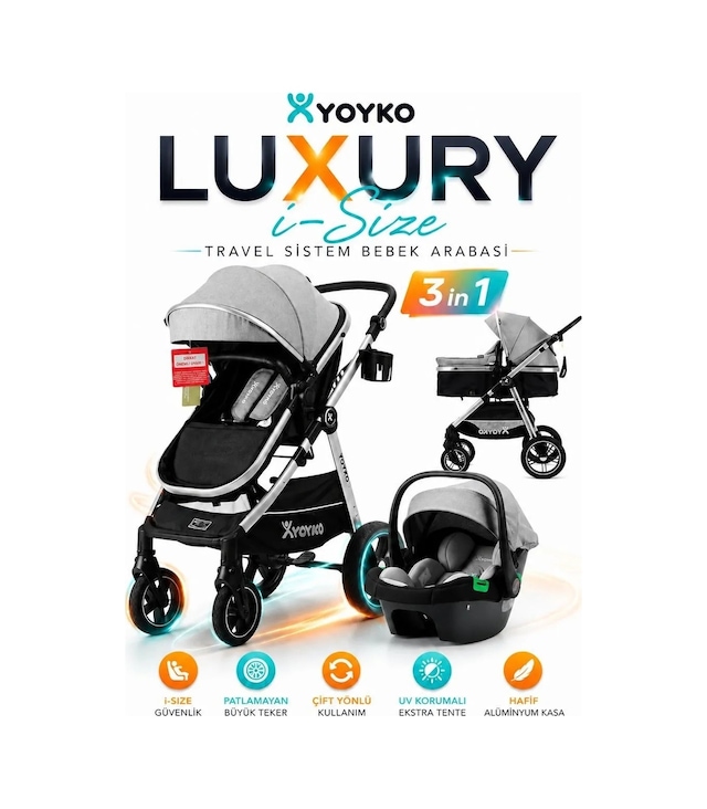 Yoyko Luxury İ-size Travel Sistem Bebek Arabası 3 İn 1 Gri Silver