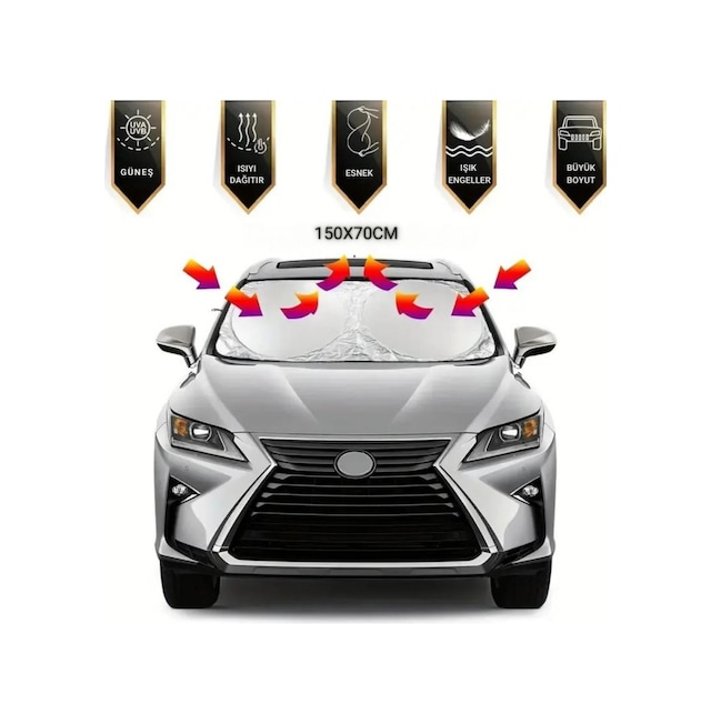 Polham 150x70 Cm Universal Araç İçi Ön Cam Güneş Koruyucu Branda, Sedan, Suv Ve Hatchback Uyumlu, Uv Engelleyici