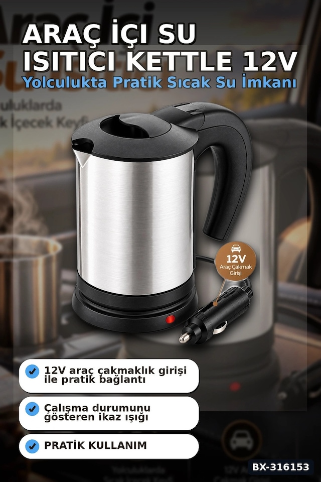 Araç İçi Su Isıtıcı Kettle 12v Çakmaklık Girişli Paslanmaz Çelik Termos Bardak Bx-316153