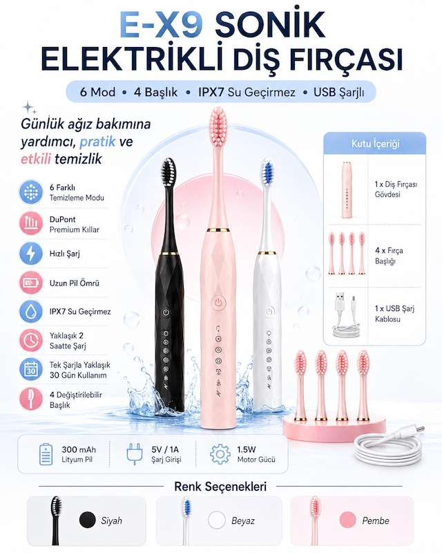 E-x9 Sonik Elektrikli Diş Fırçası 4 Başlıklı Şarjlı -6temizlik Modu Usb Şarjlı Ipx7 Suya Dayanıklı Beyaz