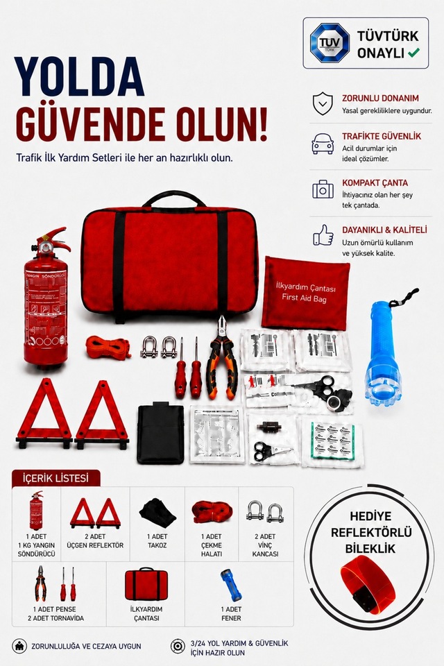 Araç Trafik Güvenlik Seti 1 Kg Yangın Sönürücü+il Yardım+reflektör+çekme Halatı+pense+tornavida-fener Reflektörlü Bileklik
