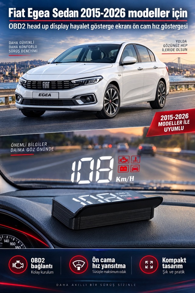 Fiat Egea Sedan 2015-2026 Modeller İçin Obd2 Head Up Display Hayalet Gösterge Ekranı Ön Cam Hız Göstergesi