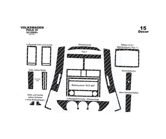 Volkswagen Polo Uyumlu Torpido Kaplama 2005-2009 15 Parça Karbon