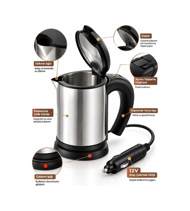 Pratik 12v Elektrikli Su Isıtıcı Paslanmaz Çelik Araç Kettle