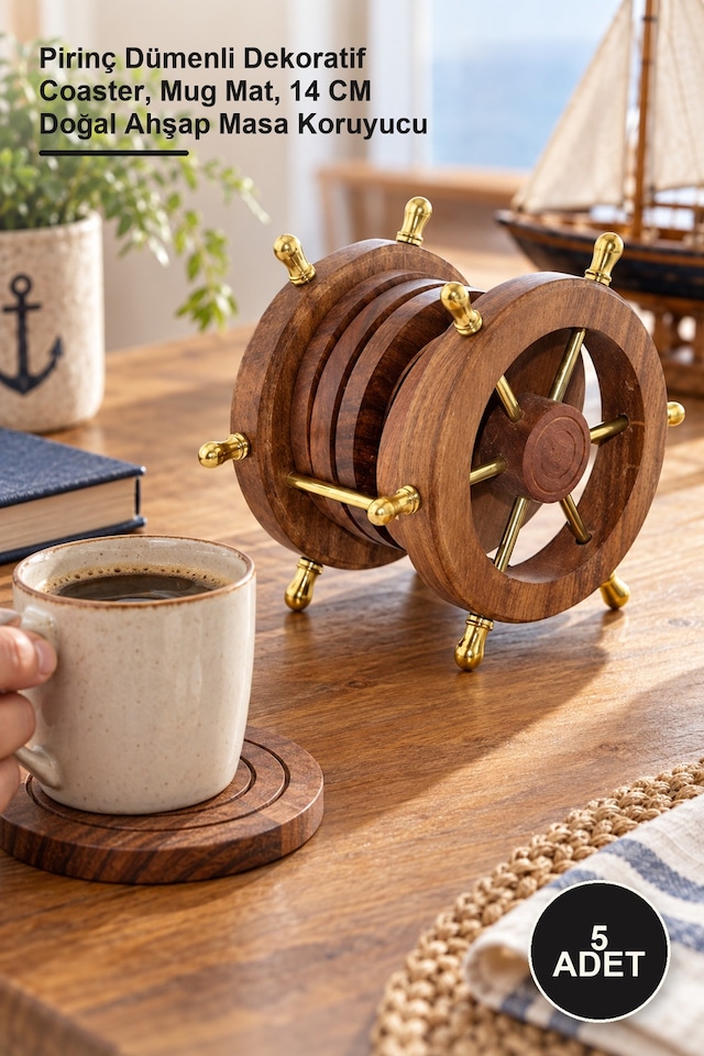 5 Adet Ahşap Bardak Altı Pirinç Dümenli Dekoratif Coaster, Mug Mat, 14 Cm Doğal Ahşap Masa Koruyucu