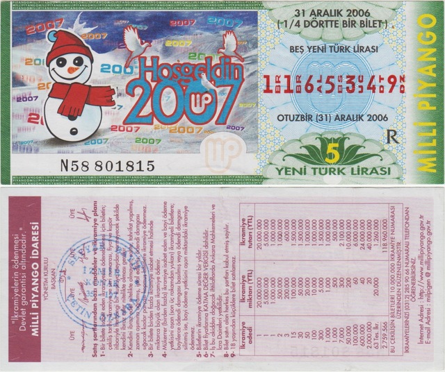 Eski Milli Piyango 1/4 Çeyrek Bilet 31 Aralık 2006 R Serisi. Yılbaşı. Teşhir Ürün