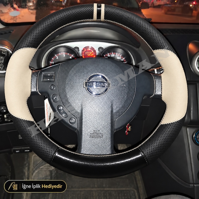 Nissan Juke Dikme Direksiyon Kılıfı Delikli Deri Parlak Siyah Bej Detay Çift Yüzük Ve Dikiş Tekna-sport-solu Tuşlu 2010-2014