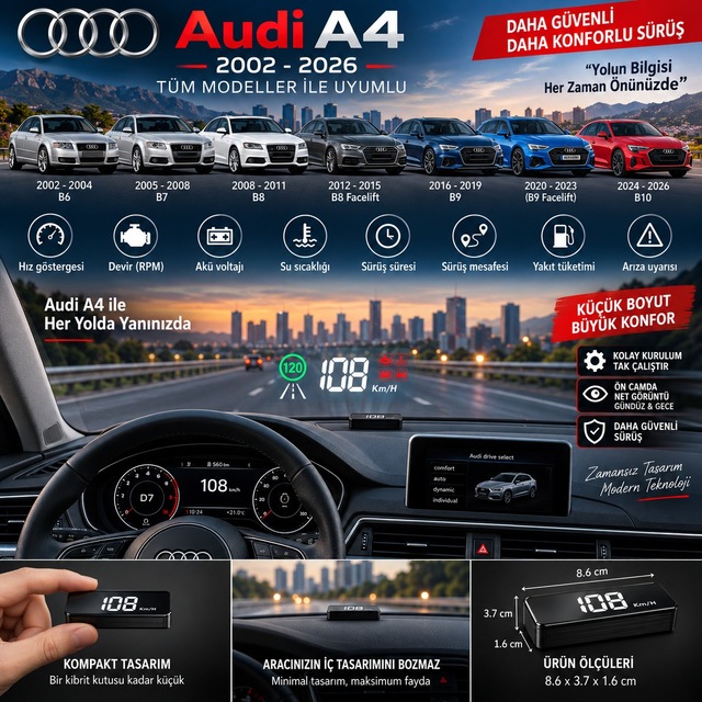 Audi A4 2002-2026 Modeller İçin Head Up Display Hayalet Gösterge Ekranı Ön Cam Hız Göstergesi