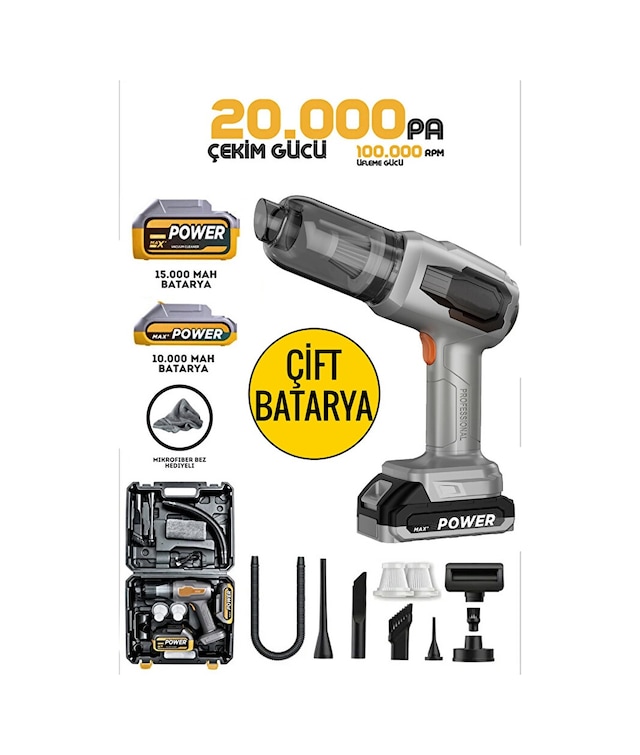 25.000mAh Çift Bataryalı 120W 20.000pA Güçlü Vakumlu Çantalı Araç İçi Üflemeli Süpürge