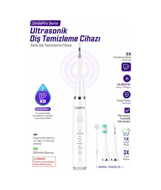 Exenar - Beyaz - Diş Taşı Temizleme Cihazı Şarjlı Diş Fırçası Sonik Ultrasonik Akıllı Diş Taşı Temizleyici 5 Mod Ipx8