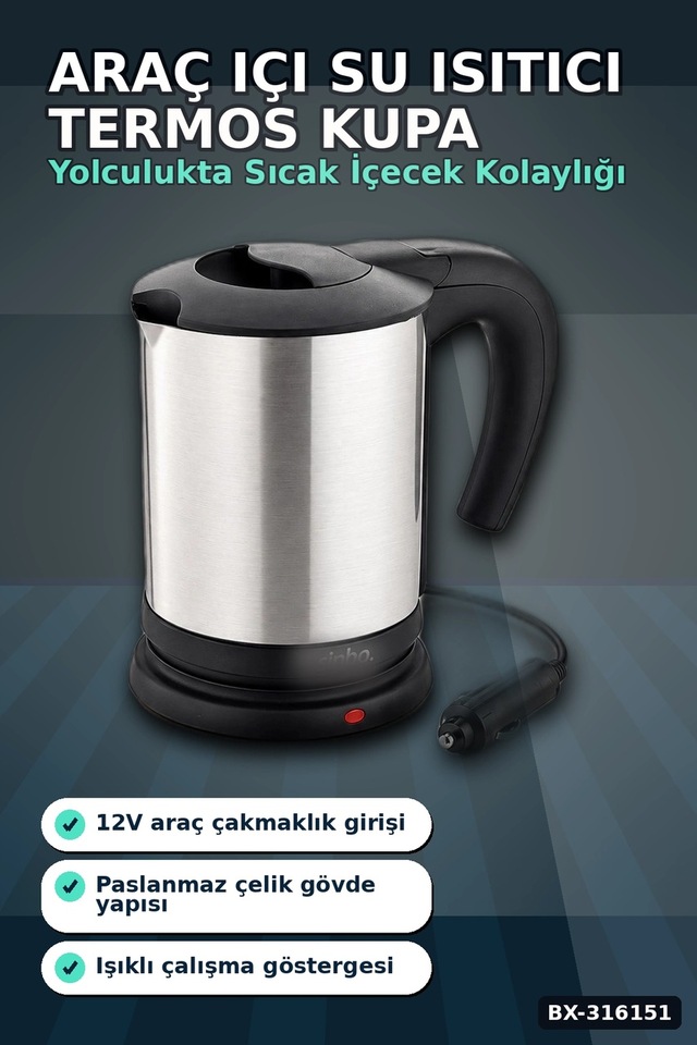 Araç İçi Su Isıtıcı Kettle 12v Çakmaklık Uyumlu Paslanmaz Çelik Termos Kupa Bx-316151