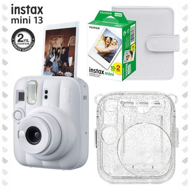 Instax Mini 13 Clay White Fotoğraf Makinesi + Deri Albüm + Pleksi Kılıf + 20'li Film Hediye Seti