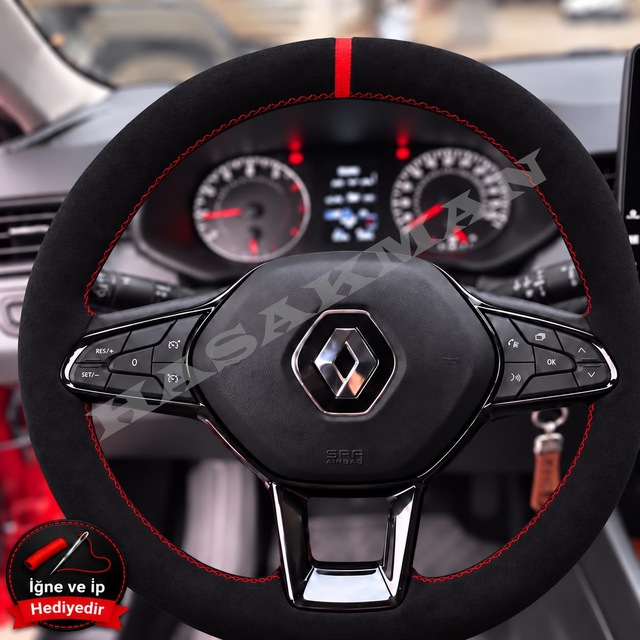 Renault Express Dikme Direksiyon Kılıfı Full Alcantara Süet Kırmızı Yüzük Ve Kırmızı Dikiş 2021-2024