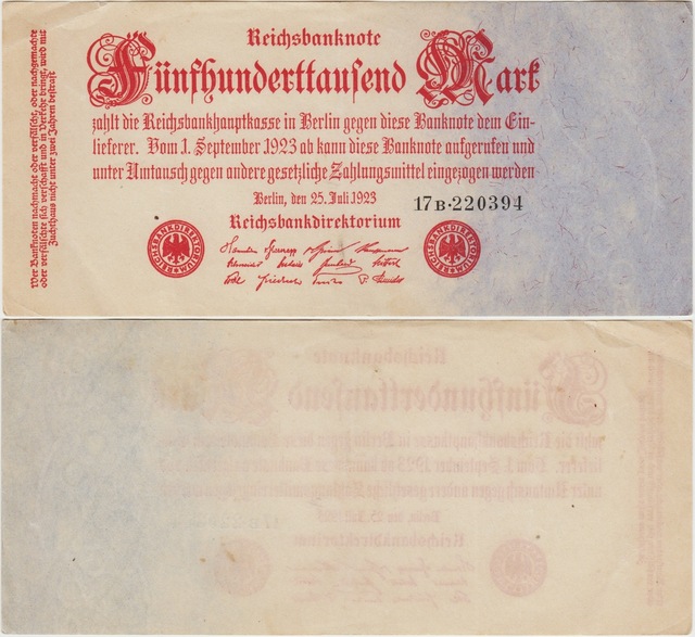 Almanya 500.000 Mark 1923 Weimar Cumhuriyeti Dönemi Çilaltı.
