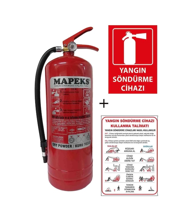 Mapeks Yangın Tüpü 6 KG + Yangın Tüpü Kullanım Talimatı ve Yangın Tüpü Levhası 3'lü Set