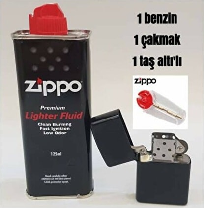 Zippo Benzin 125 Ml Zippo Siyah Benzinli Çakmak ve Taşı Set