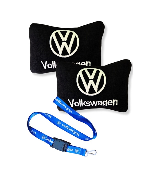 Volkswagen Nakış İşlemeli Siyah Polar Araç Koltuk Boyun Destek Yastığı & Mavi Oto Ayna Askısı