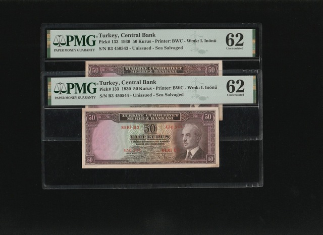 Pmg 62 Unc Çil İnönü Batan Gemi 50 Kuruş P 133 1930 S/n B3 450543/44 2. Ems
