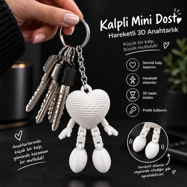 Hareketli Kalp Figürlü Anahtarlık Sevimli Tasarım - 3d Baskı Beyaz
